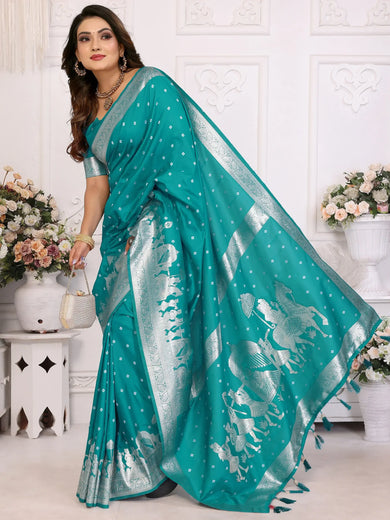 Dazzling Teal Green Zari Weaving Kochi Silk Festival Wear Saree